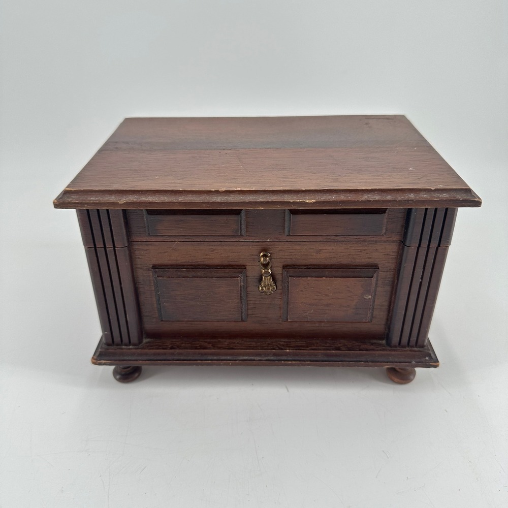 Vintage London Leather Wooden Musical Jewelry Box Japan Dark Wood Mirror Tray